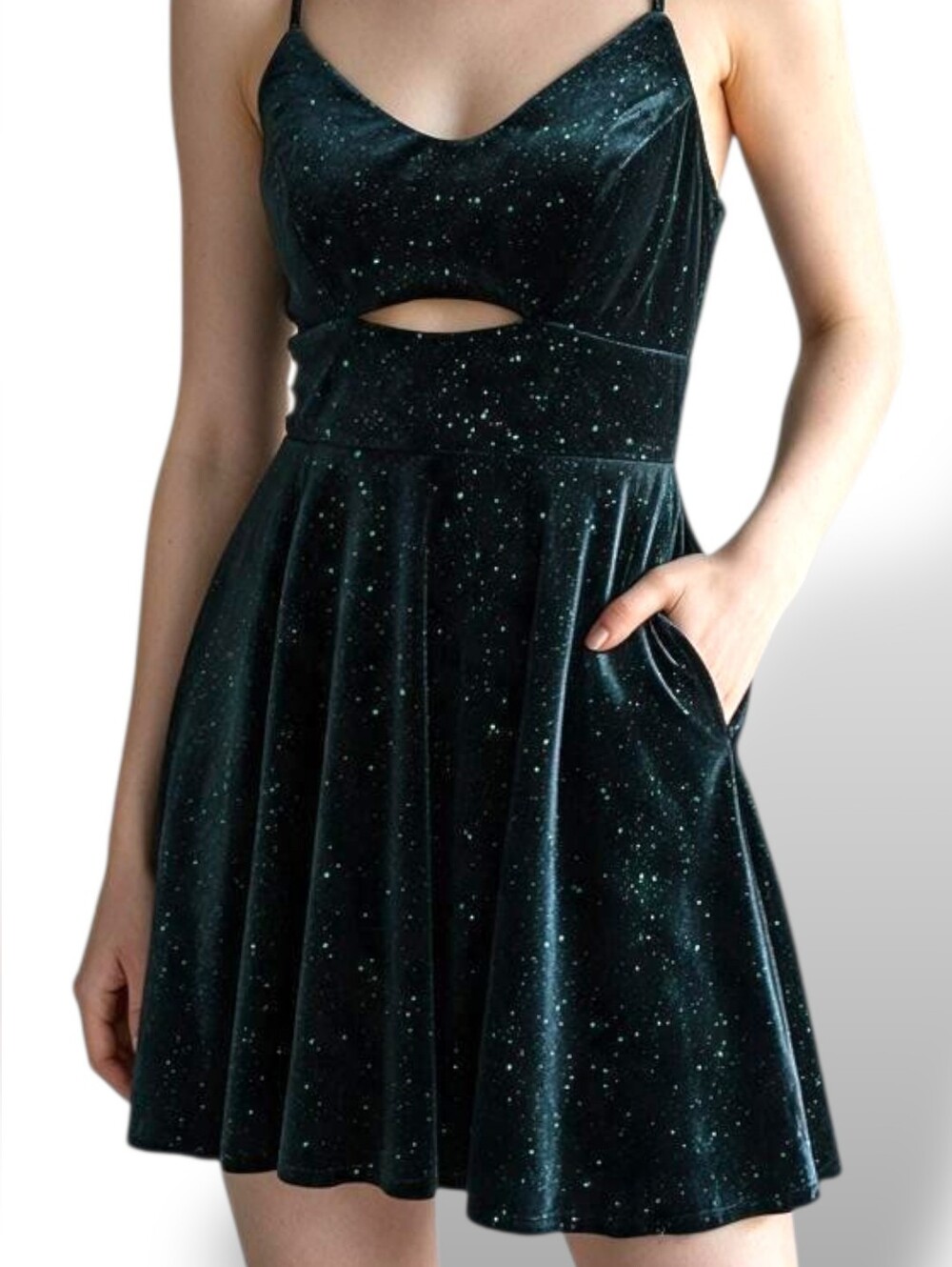 City Vibe JR Velvet Spaghetti Strap Cutout Glitter Skater Dress